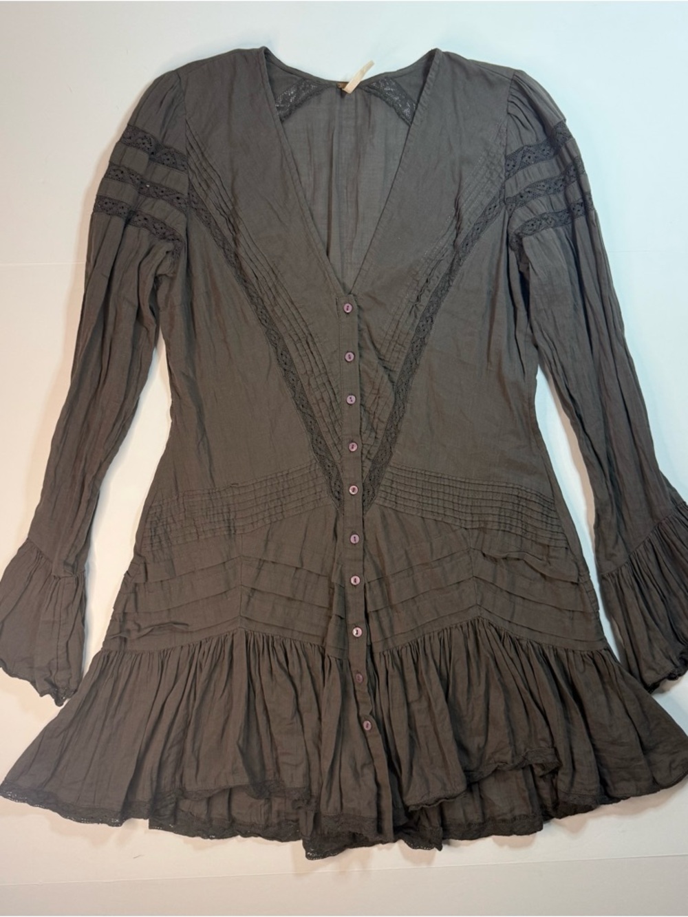 Free People Woman’s Small Brown Button-Up Tunic with Lace Trim